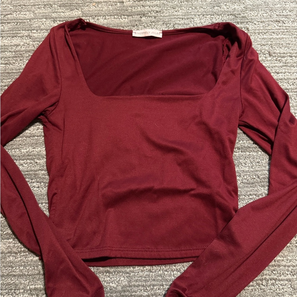 Burgundy Long Sleeve Square Neck Top